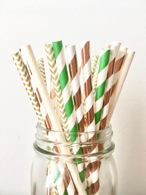 Eucalyptus Green, Rose Gold, Copper and Cream Paper Straws - Rustic Green and Copper Wedding Decor, Baby Shower, Bridal Shower, Bachelorette Il_570xn