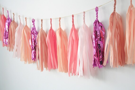 Blush, Peach, Coral and Rose Pink Sparkle Tassel Garland - Valentines Day . Nursery Decor . Gender Reveal Party . Baby Shower Decorations Il_570xn