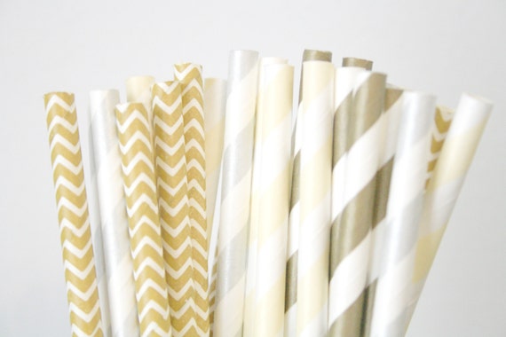 Paper Straws . Champagne Gold Silver Chevron . new years eve / bridal shower decorations / mason jar buffet table / wedding party decor Il_570xn