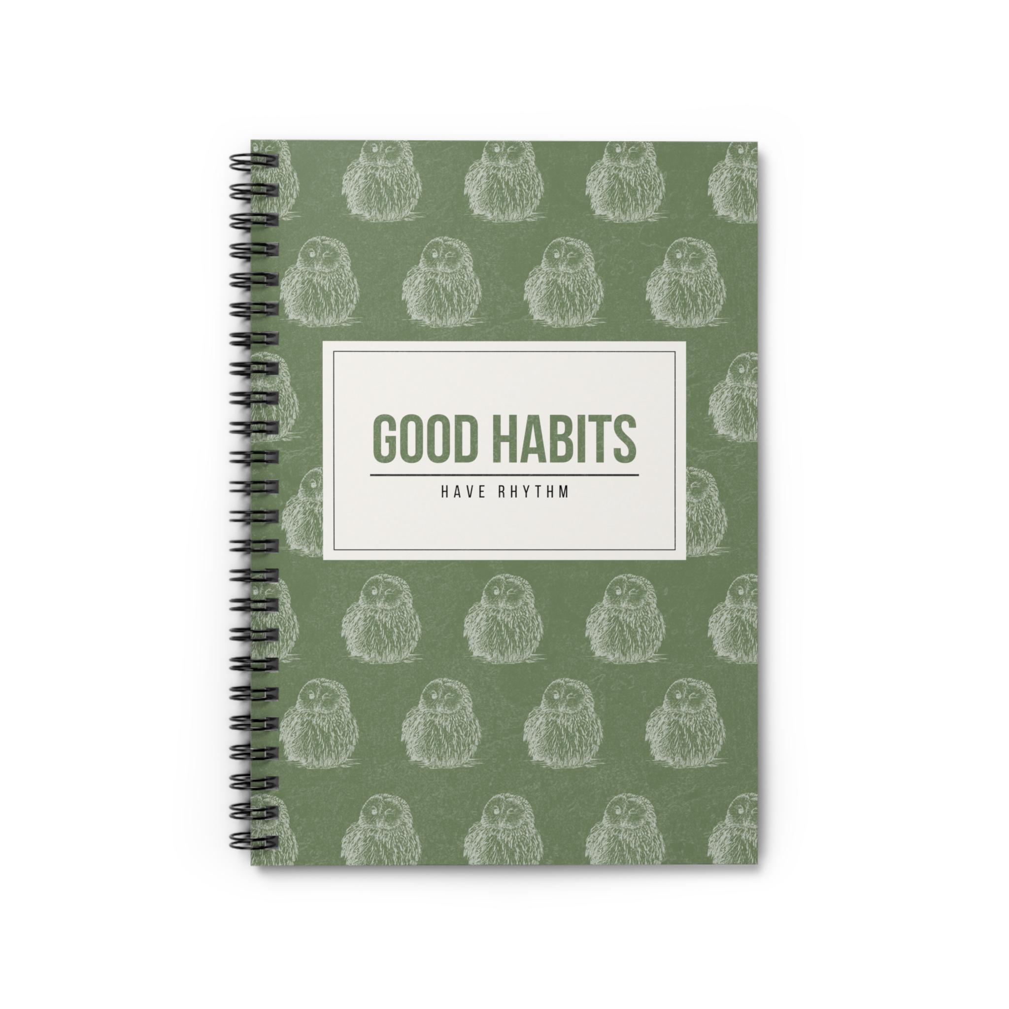 Habit tracker notebook with owl pattern, aesthetic green spiral planner for wellness and routine