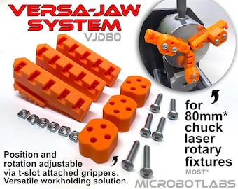 Versa-Jaw Set for 80mm Chuck Laser Rotary Engraving Tumbler Work-Holding Jigs. Adjustable  T-Slot attached Plastic Grippers. 4 sided jaw set