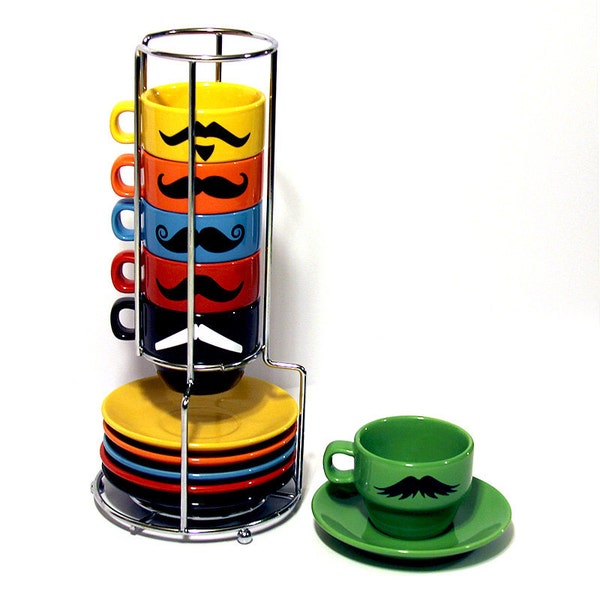 Multi Color Mustache Espresso Coffee Mugs and Saucers - Set of 6 Cups and 6 Plates Plus a Chrome Rack Holder