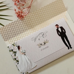 May include: Wedding invitation featuring a bride and groom illustration. The invitation includes the initials "N & C" and the date "27.08.2025". The envelope has a gold geometric pattern and floral accents.