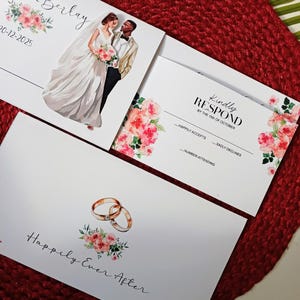 May include: Wedding invitation suite with illustrations of a bride and groom, floral accents, and gold wedding rings. The invitations include text such as "Kindly Respond" and "Happily Ever After". The suite is set against a red textured background.