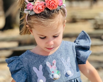 Chambray linen bunny dress , floral bummies, Easter dress, vintage girls dress