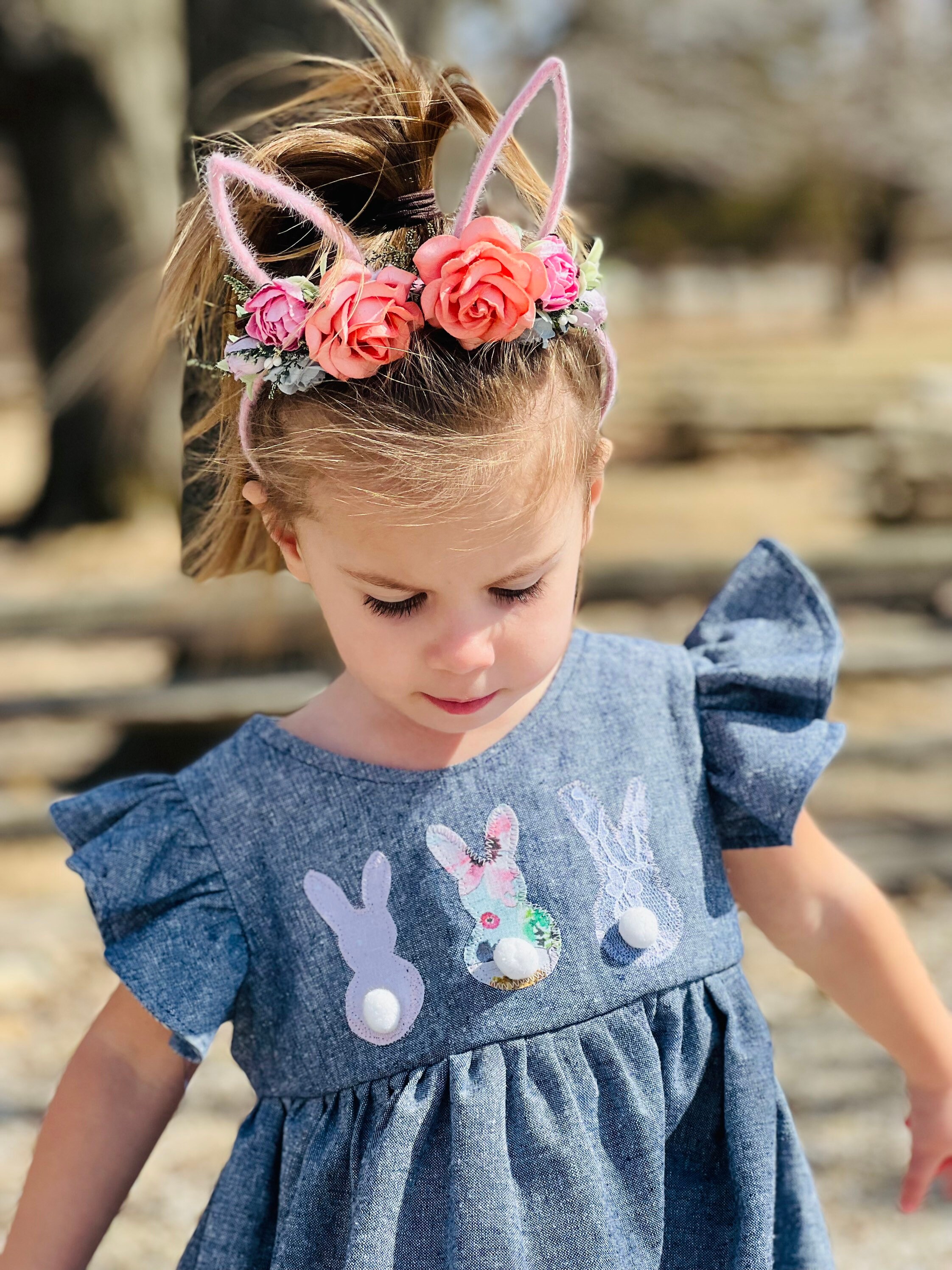 Chambray Linen Bunny Dress Floral Bummies Easter Dress Etsy