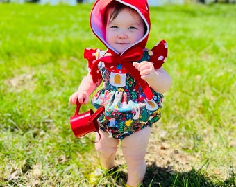 Barboteuse de gnome avec chapeau de gnome, tenue de gnome, barboteuse de printemps, gnomes, barboteuse à volants, costume de gnome, chapeau de gnome, chapeau de lutin