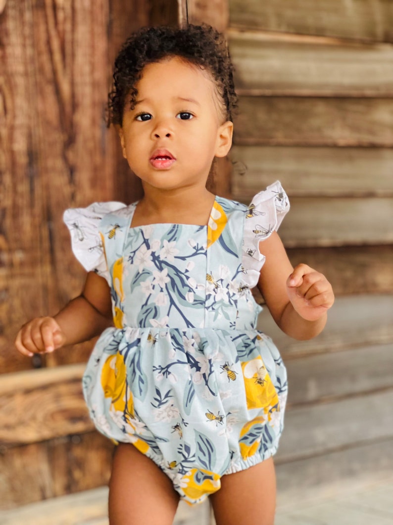 Lemon bumblebee Romper, bee romper , summer romper. Spring lemon romper, vintage rompers, flower girl rompers image 2