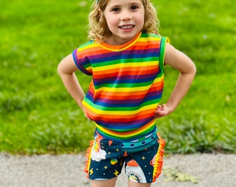 Space dinosaur , unicorn, rainbow ruffle knit shorts, space kids clothing , space birthday, dinosaur clothing, dinosaur space