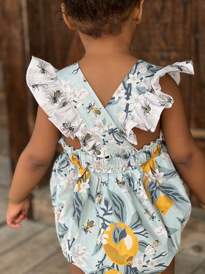 Lemon bumblebee Romper, bee romper , summer romper. Spring lemon romper, vintage rompers, flower girl rompers image 4