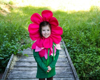 Pink Flower costume with green bodysuit, green long sleeve tee( big kids) , flower headband , floral