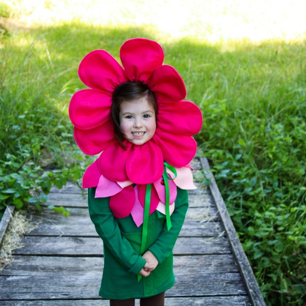 Pink Flower costume with green bodysuit, green long sleeve tee( big kids) , flower headband , floral