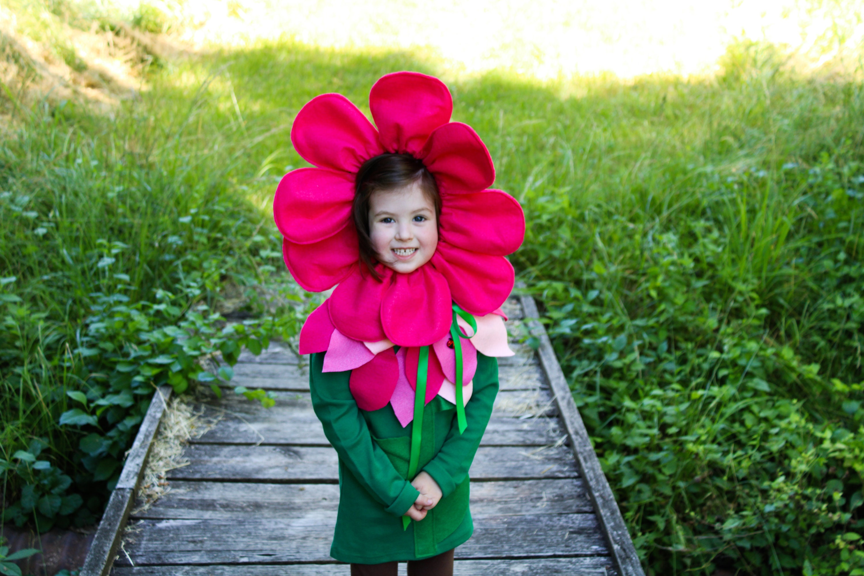 Pink Flower Costume With Green Bodysuit Green Long Sleeve