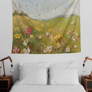 Cottagecore Floral Wall Tapestry, Field of Flowers Wall Art, Vintage Style Tapestry, Whimsical Nature Home Decor, Botanical Wall Hanging