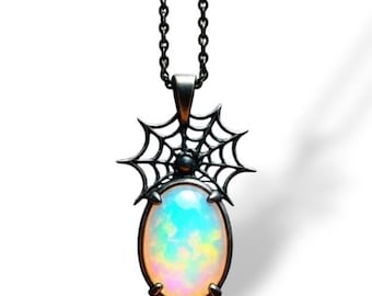 Opal Spider Web Pendant Necklace: Sterling Silver Gothic Halloween Jewelry