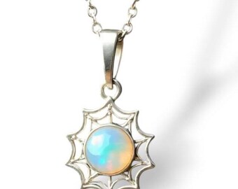Opal Spider Web Pendant: Sterling Silver Necklace, October Birthstone