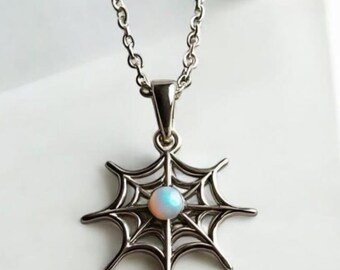 Opal Spider Web Necklace: Sterling Silver Gothic Halloween Pendant