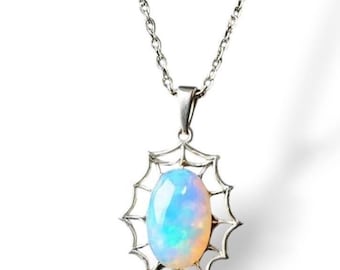Rainbow Fire Opal Pendant: Sterling Silver Spider Web Necklace