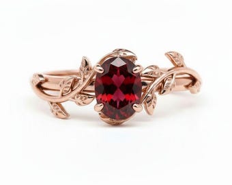 Oval Garnet Engagement Ring, 14k Rose Gold Leaf Wedding Ring , Anniversary Gift