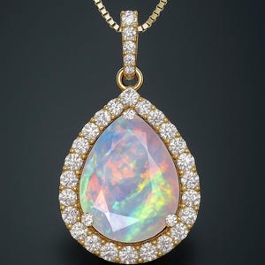White Ethiopian Opal Gemstone Pendant Necklace, Multifire Teardrop Faceted Gold Opal Pendant Necklace, Delicate Necklace, October Birthstone