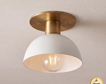 Brass Dome Flush Mount Ceiling Light, White Mid Century Modern Entryway Fixture