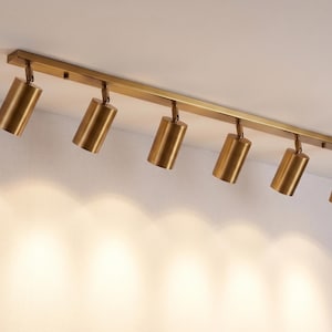 Könnte beinhalten: Eine an der Decke montierte Schienenleuchte mit einer langen, rechteckigen, messingfarbenen Schiene und sechs zylindrischen Strahlern. Jeder Strahler ist verstellbar und wirft einen warmen, fokussierten Lichtkegel nach unten auf die Wand.