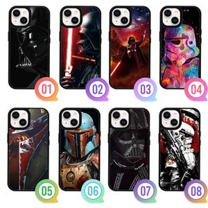 May include: Collection of black phone cases featuring Star Wars characters, including Darth Vader, Stormtroopers, and Boba Fett. Each case has a unique design with vibrant colors and detailed artwork. The cases are designed for a smartphone.