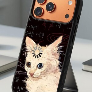 Op de afbeelding: Een zwarte smartphonehoes met een crèmekleurige kat met heterochromie, één bruin en één blauw oog, tegen een zwarte achtergrond met witte natuurkundige vergelijkingen en een cirkelvormig laadicoon op het voorhoofd van de kat.