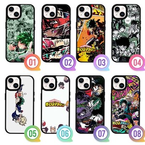 Könnte beinhalten: Eine Sammlung von acht Handyhüllen mit verschiedenen Anime-Designs. Die Hüllen zeigen farbenfrohe Illustrationen von Charakteren und Szenen, mit einer Mischung aus Actionposen und grafischen Elementen. Jede Hülle hat einen schwarzen Rand und einen Kameraausschnitt.