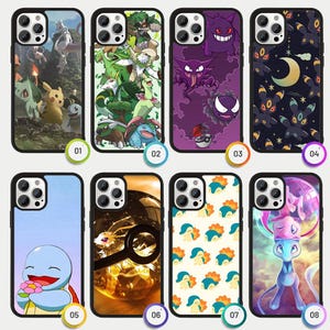 May include: Collection of phone cases featuring various Pokémon characters. Designs include Pikachu, Squirtle, and others, with vibrant colors and detailed illustrations. Each case has a black border and a unique character theme.
