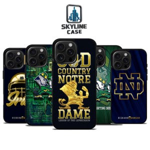 May include: A collection of phone cases featuring the Notre Dame Fighting Irish logo and mascot. The cases display various designs, including the team's name, a leprechaun, and the iconic gold helmet. The Skyline Case logo is visible.