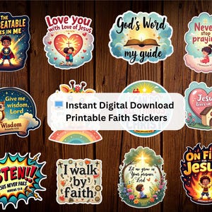 Puede incluir: Una colección de pegatinas coloridas con temática religiosa, con varios diseños y citas inspiradoras. Las pegatinas presentan ilustraciones de un superhéroe, un corazón, un libro abierto, un búho y una casa. El texto incluye frases como "The Unbeatable Lives in Me".