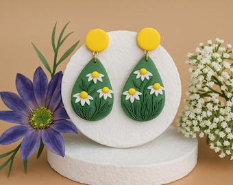 Pendientes de arcilla polimérica con margaritas, hechos a mano, con forma de lágrima floral, con diseño botánico verde, ideal como regalo de primavera y verano.