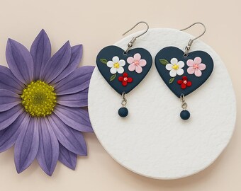 Floral Heart Polymer Clay Earrings, Handmade Botanical Heart Dangle Earrings, Dark Blue Flower Earrings, Romantic Gift for Her
