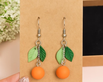 Orange Fruit Dangle Earrings, Handmade Citrus Earrings with Leaf Charm, Cute Summer Earrings, Lightweight Gift for Her