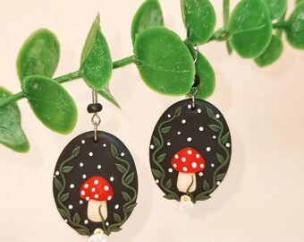 Mushroom Polymer Clay Earrings, Handmade Woodland Dangle Earrings, Cottagecore Jewelry Gift For Her