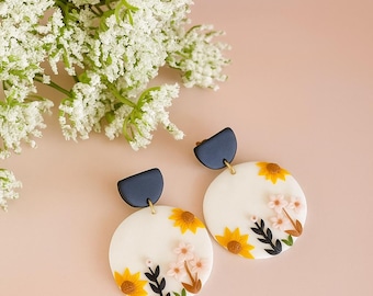 Floral Polymer Clay Earrings, Handmade Statement Dangle Earrings, Sunflower & Wildflower Earrings, Boho Gift for Her