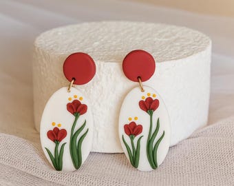 Red Flower Polymer Clay Earrings, Handmade Floral Dangle Earrings, Minimalist Nature Jewelry Gift For Her