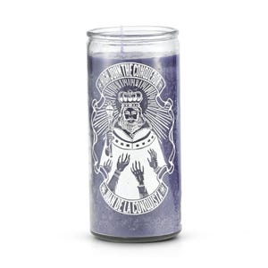 May include: A cylindrical glass candle filled with deep purple wax. The front features a white graphic print of a crowned figure holding a scepter, surrounded by reaching hands. The text reads HIGH JOHN THE CONQUEROR and JUAN DE LA CONQUISTA.