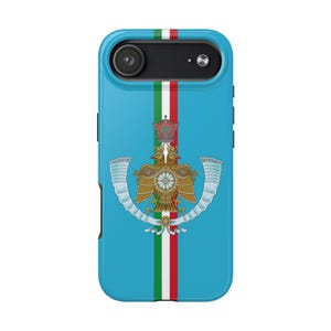 May include: A light blue phone case featuring a detailed emblem with a gold eagle, crown, and ornate design. The case has a vertical stripe of green, white, and red. The phone case is designed to fit a smartphone.