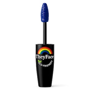 May include: A black mascara tube with a rainbow logo and the text "TheyFace". The mascara wand has a dark blue brush. The tube also has the words "eco-friendly" on it.