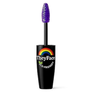 May include: A black mascara tube with a rainbow logo and the text "TheyFace". The mascara wand has a purple brush. The tube also has the text "eco-friendly".