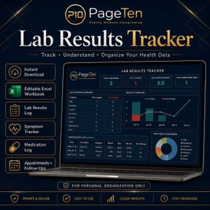 Könnte beinhalten: Ein digitaler Laborergebnis-Tracker auf einem Laptop-Bildschirm mit dunkler Benutzeroberfläche und goldenen Akzenten. Das Dashboard enthält eine Zusammenfassung der Laborkategorien, ein Liniendiagramm, ein Tortendiagramm und ein Protokoll.