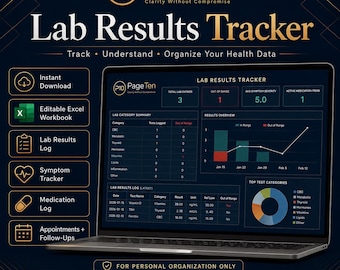 Symptom Tracker Spreadsheet | Lab Results Tracker, Blood Test Record, Medication List & Health Organizer
