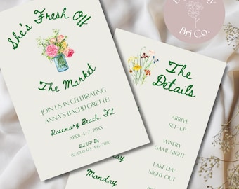 Fresh Off The Market Bachelorette Invitation & Itinerary Template Duo | Editable Canva Templates | Picnic Party Theme | Digital Download