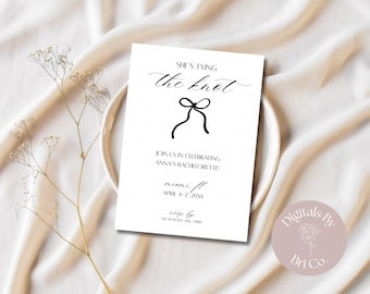 She’s Tying the Knot | Bachelorette Party Invitation Template | Elegant Bow Theme | Editable Canva Download