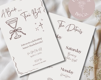 A Bride In A Tini Bit | Invitation & Itinerary Template Duo | Martini Bachelorette Theme | Editable Canva Download