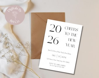 May include: A white New Year's Eve party invitation with black text, featuring the year "2026" and the phrase "Cheers to the New Year." The invitation includes event details and an RSVP section. A brown envelope is behind the invitation.