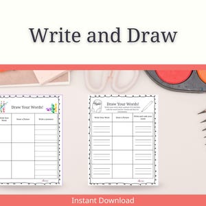 May include: A white worksheet with the text "Draw Your Words!" and space to write a word, draw a picture, and write a sentence. The image also includes pencils, a paint palette, and the words "Write and Draw" at the top.