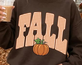 Fall PNG: Retro Fall Shirt PNG, Cozy Autumn Sublimation Design, Gingham Fall Pumpkin Season Graphic (Digital Download)